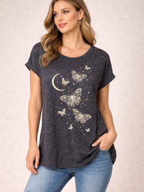 Tru Self Top/Blouse Womens 1X Gray Butterflies Moon SS Witchy Goth